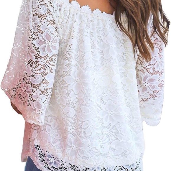 White Ruffled On/Off-Shoulder Blouse with Lace XL - Picture 2 of 6